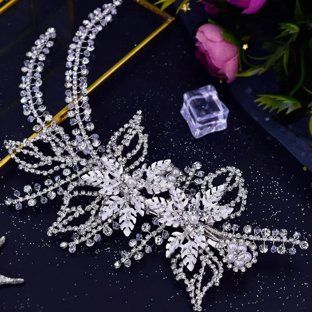 Wedding Bridal Headpiece Rhinestone Clip Silver Handmade Hair Accessories